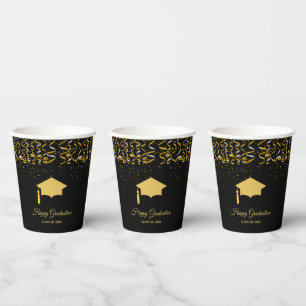 Elegant Graduation Golden Confetti on Black Paper Cups