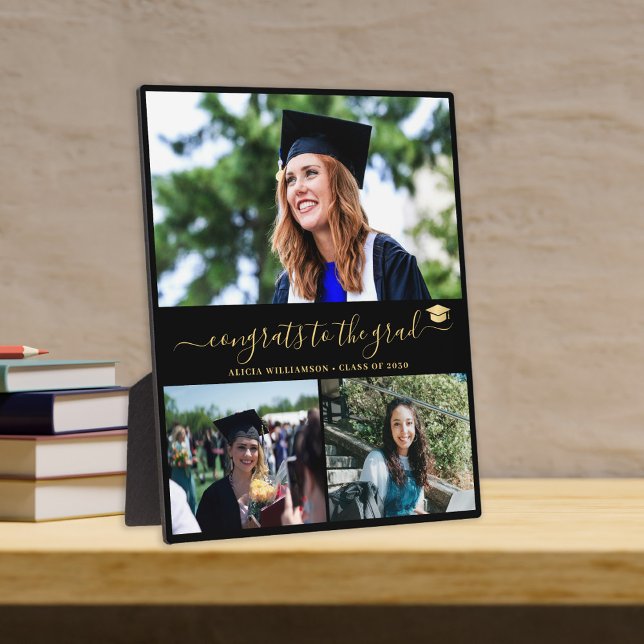 Elegant graduation grad 3 photo collage gold black plaque (Creator Uploaded)