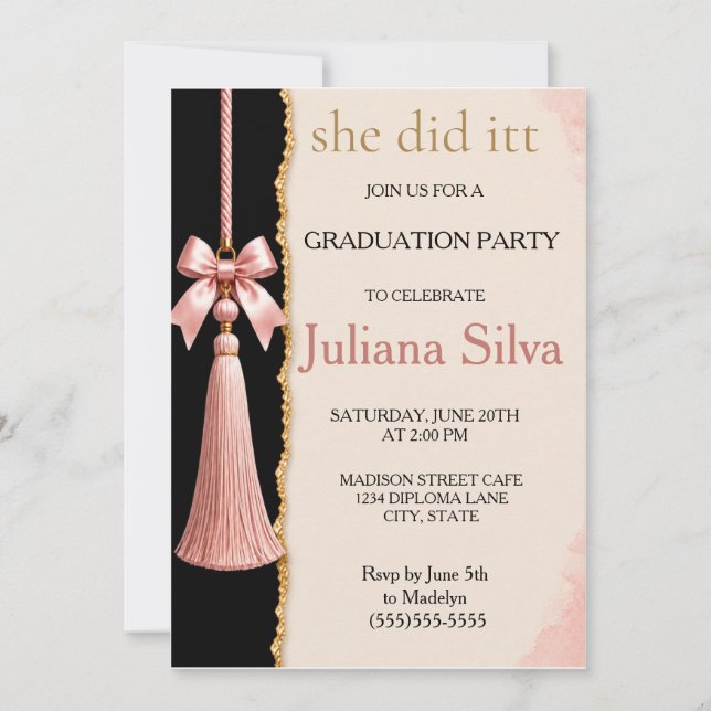 Elegant Graduation Invitation Pink Tassel (Front)