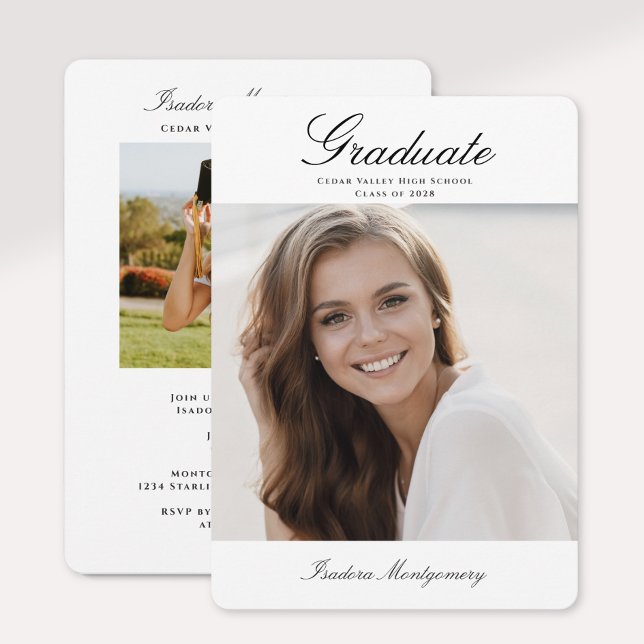 Elegant Graduation Invitation with Photo (elegant white and black photo graduate announcement with photo and party invitation on the back )