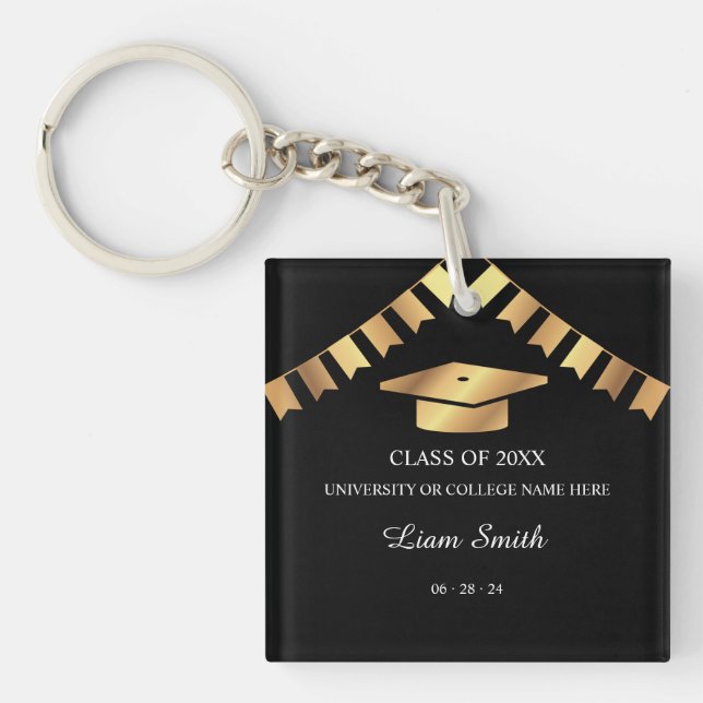 Elegant Graduation Keepsake Black and Gold Theme Key Ring (Front)