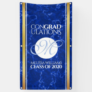 Elegant Graduation Monogram Blue Marble Gold Foil Banner