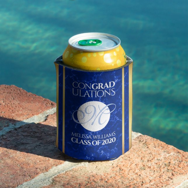 Elegant Graduation Monogram Blue Marble Gold Foil Can Cooler (In Situ Pool)