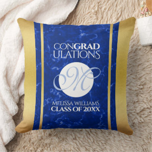 Elegant Graduation Monogram Blue Marble Gold Foil Cushion