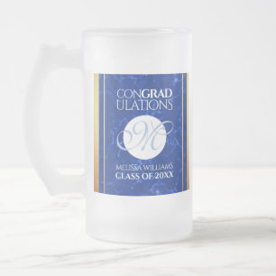 Elegant Graduation Monogram Blue Marble Gold Foil Frosted Glass Beer Mug