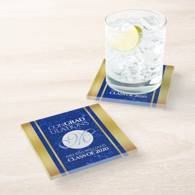 Elegant Graduation Monogram Blue Marble Gold Foil Glass Coaster (Angled)