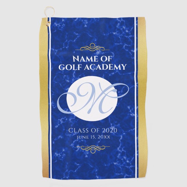 Elegant Graduation Monogram Blue Marble Gold Foil Golf Towel (Front)