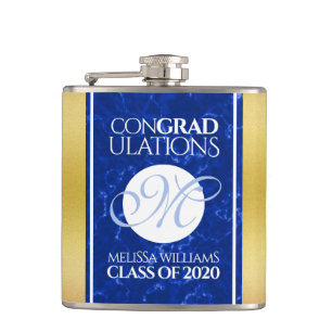 Elegant Graduation Monogram Blue Marble Gold Foil Hip Flask