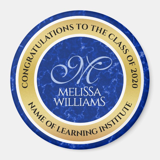 Elegant Graduation Monogram Blue Marble Gold Foil Magnet (Front)