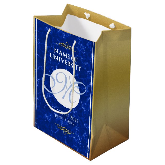 Elegant Graduation Monogram Blue Marble Gold Foil Medium Gift Bag (Front Angled)