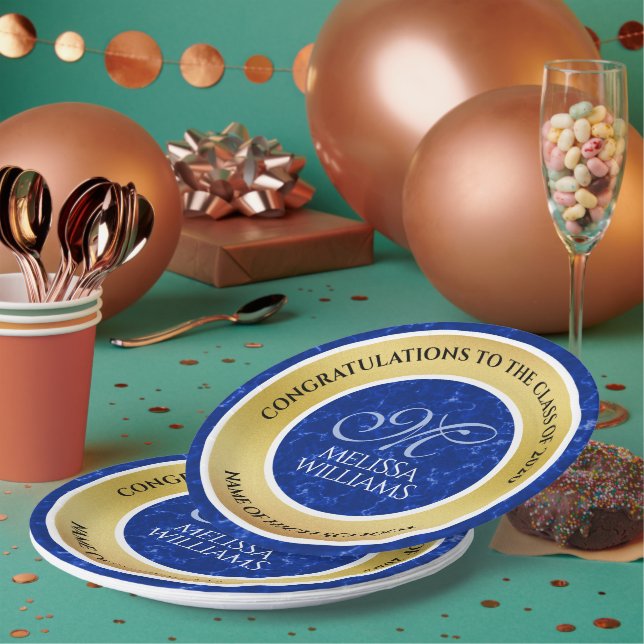 Elegant Graduation Monogram Blue Marble Gold Foil Paper Plate (Multi)