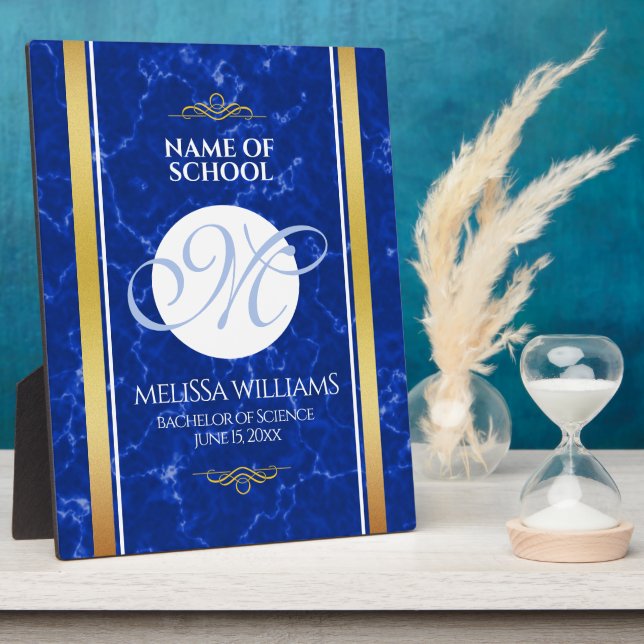 Elegant Graduation Monogram Blue Marble Gold Foil Plaque (Side)