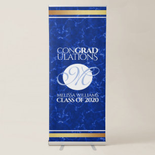 Elegant Graduation Monogram Blue Marble Gold Foil Retractable Banner