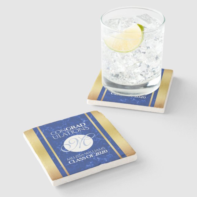 Elegant Graduation Monogram Blue Marble Gold Foil Stone Coaster (Side)