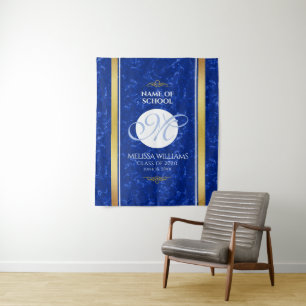 Elegant Graduation Monogram Blue Marble Gold Foil Tapestry