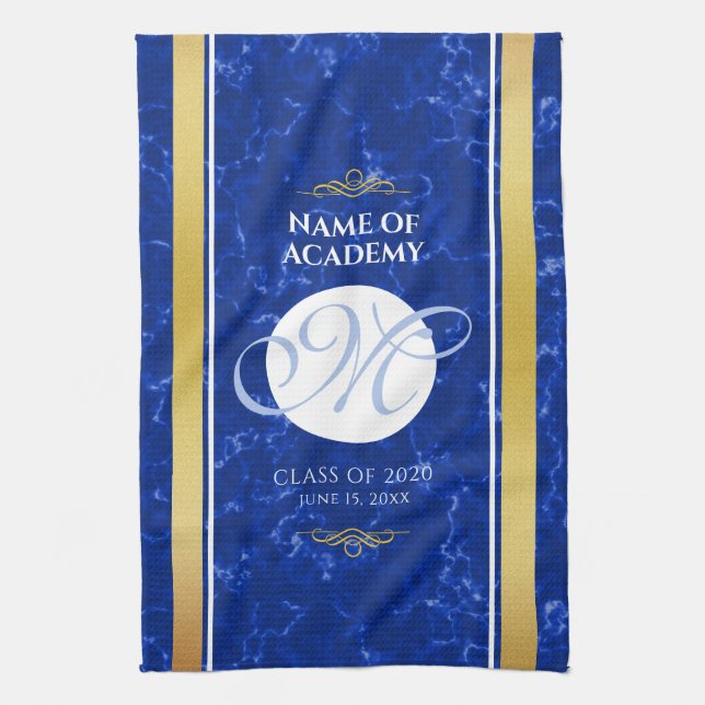 Elegant Graduation Monogram Blue Marble Gold Foil Tea Towel (Vertical)