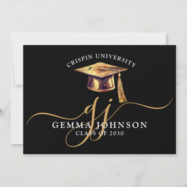 Elegant Graduation Name Gold Monogram Black Announcement (Front)