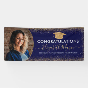 Elegant Graduation Navy Blue Gold Glitter Photo Banner