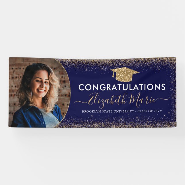 Elegant Graduation Navy Blue Gold Glitter Photo Banner (Horizontal)