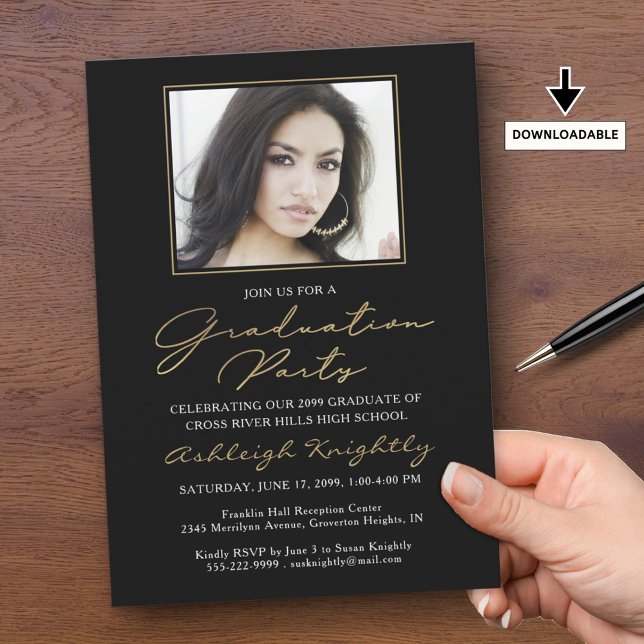 Elegant Graduation One Photo Black Gold Script Invitation (Creator Uploaded)