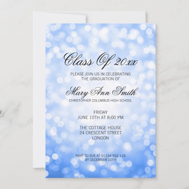 Elegant Graduation Party Blue Glitter Lights Invitation (Front)