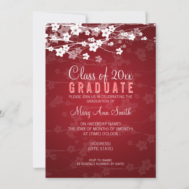 Elegant Graduation Party Cherry Blossom Red Invitation (Front)