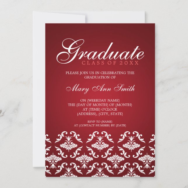 Elegant Graduation Party Damask Red Invitation (Front)