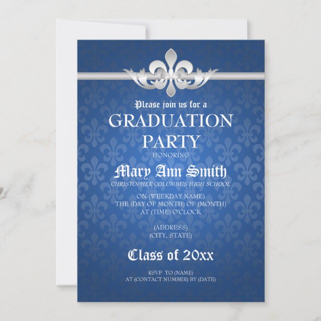 Elegant Graduation Party Fleur De Lis Blue Invitation (Front)