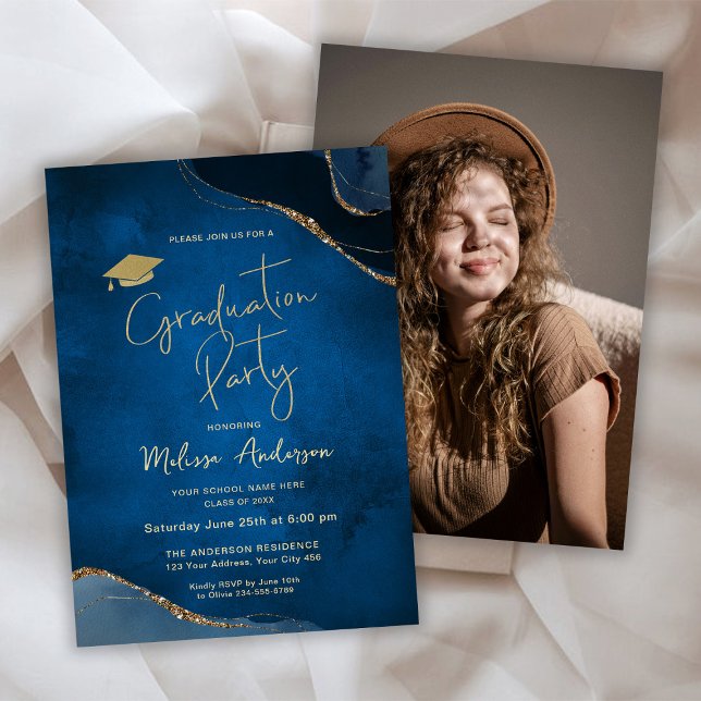 Elegant Graduation Party Navy Blue Photo Invitation (Creator Uploaded)
