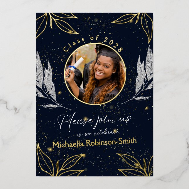 Elegant Graduation Party Navy Gold Foil Invitation (Front)