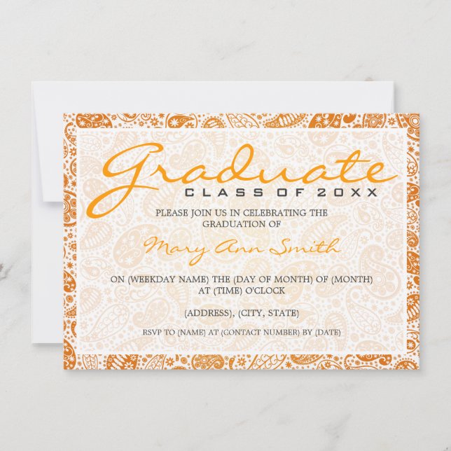 Elegant Graduation Party Paisley Orange Invitation (Front)