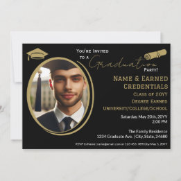 Elegant Graduation Photo Black Gold Cap, Diploma  Announcement