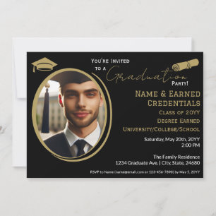 Elegant Graduation Photo Black Gold Cap, Diploma  Announcement