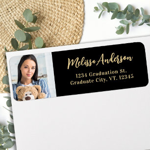 Elegant Graduation Photo Black Gold Return Address