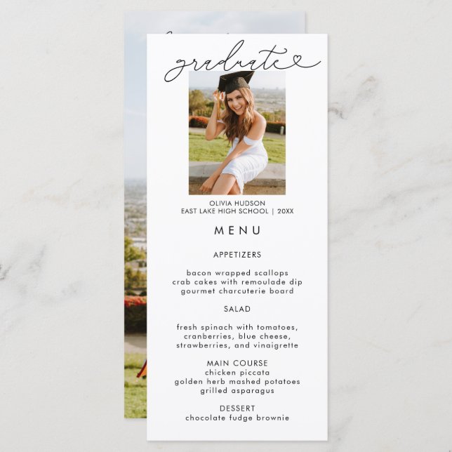 Elegant Graduation Photo Calligraphy Menu Card (Front/Back)