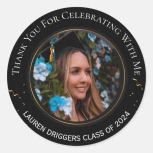Elegant Graduation Photo Year Black Gold Classic Round Sticker