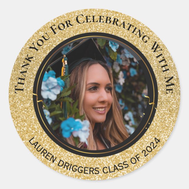 Elegant Graduation Photo Year Gold Glitter Classic Round Sticker (Front)