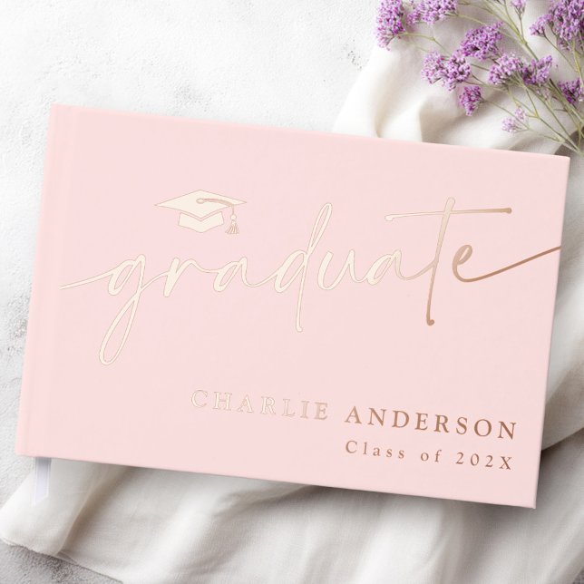 Elegant graduation script graduate cap light pink guest book (Elegant graduation script graduate cap light pink foil guest book)
