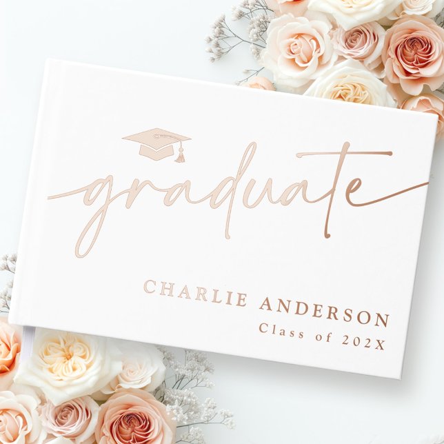 Elegant graduation script graduate cap name white guest book (Elegant graduation script graduate cap name white foil guest book)