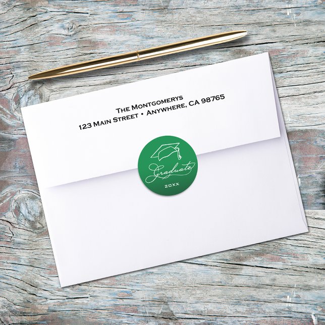 Elegant Graduation Script Green Envelope Seal (Graduation script and grad hat on green envelope seals)