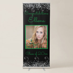 Elegant Graduation Silver Glitter Black & Green Retractable Banner