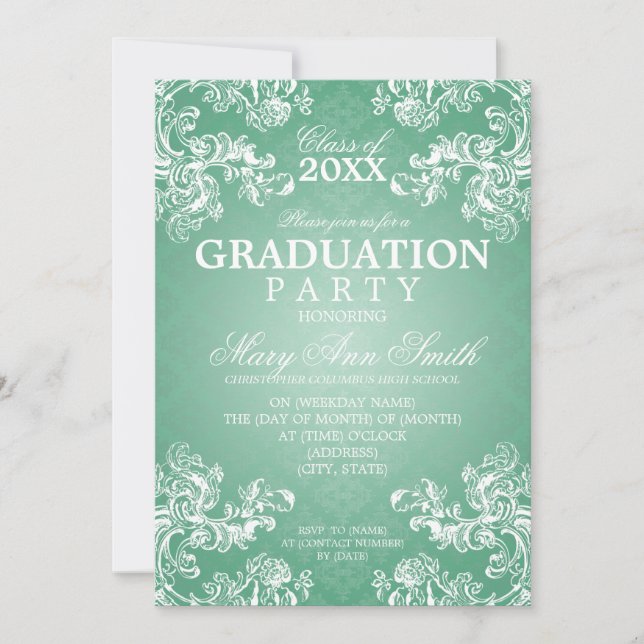 Elegant Graduation Vintage Royal Scroll Mint Invitation (Front)