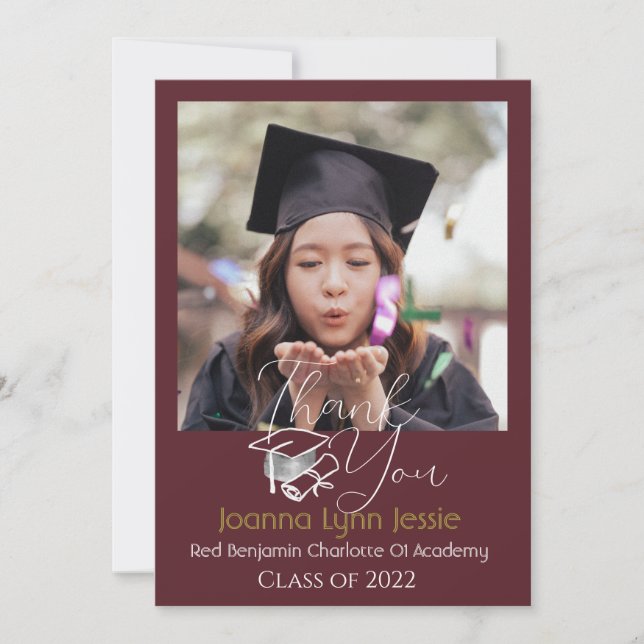 Elegant Graduation white Cap Thanks Script Photo Thank You Card (Front)