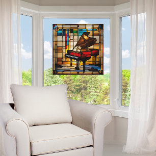 Elegant Grand Piano Faux Stained Glass Window Cling