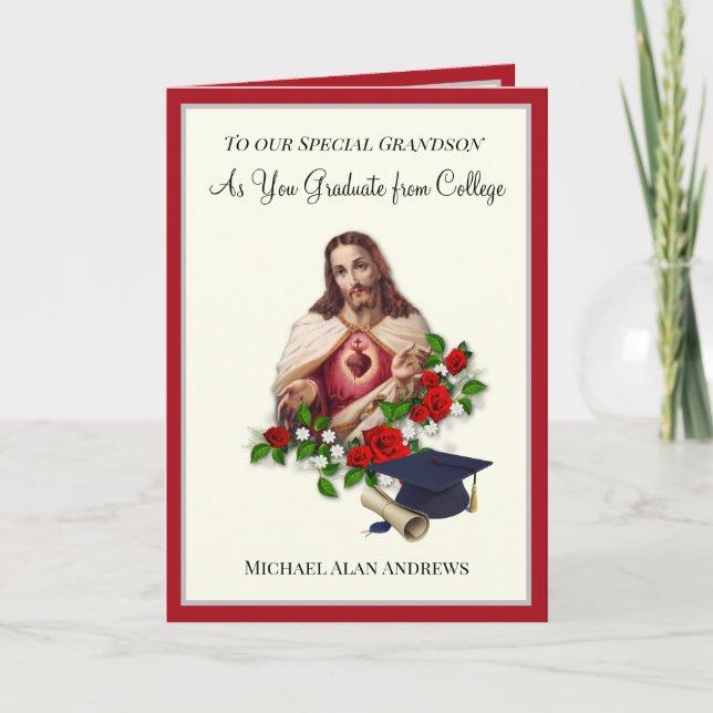 Elegant Grandson  Graduation Sacred Heart Roses  Card (Front)