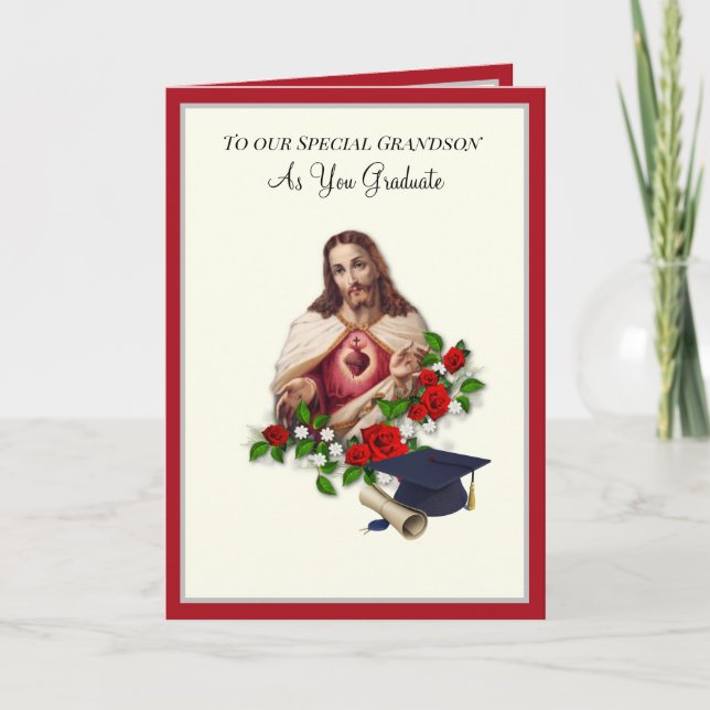 Elegant Grandson  Graduation Sacred Heart Roses Card (Front)