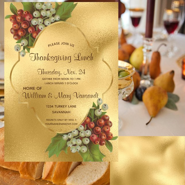 Elegant Grapes & Gold Thanksgiving Lunch Invitation (Creator Uploaded)