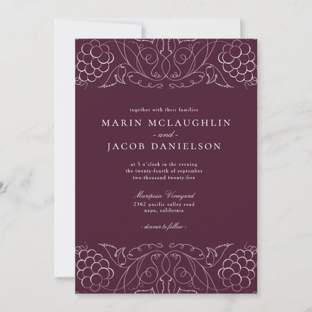 Elegant Grapes Motif Wine Winery Wedding Invitation (Front)