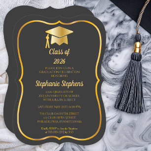 Elegant Graphite Gold Cap Graduation Party Invitation