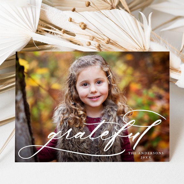 Elegant Grateful Bold Script Photo Thanksgiving Holiday Card (Creator Uploaded)